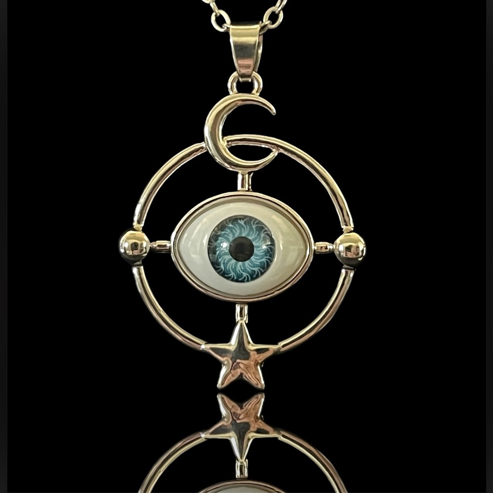 Celestial Evil Eye Moon & Star Necklace Silver Tone Mystical Eye Pendant